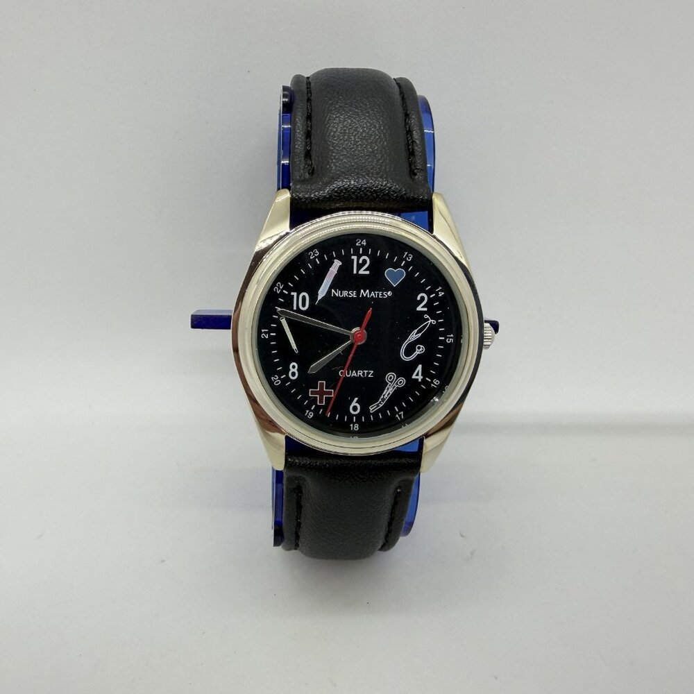 Nurse Mates symbols women's nurse watch water-resistant leather strap - Black